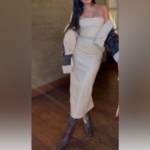 Zara Beige Faux Leather Strapless Dress